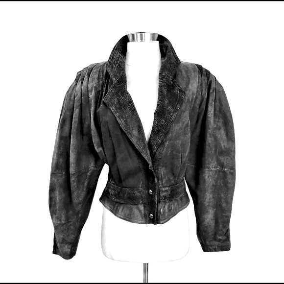 Vtg 80s Black Leather Jacket, Puff Sleeves, Sz S - Picture 2 of 13